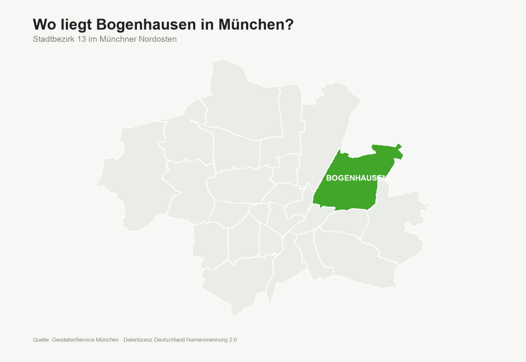 Karte von München mit grün markiertem Stadtbezirk Bogenhausen