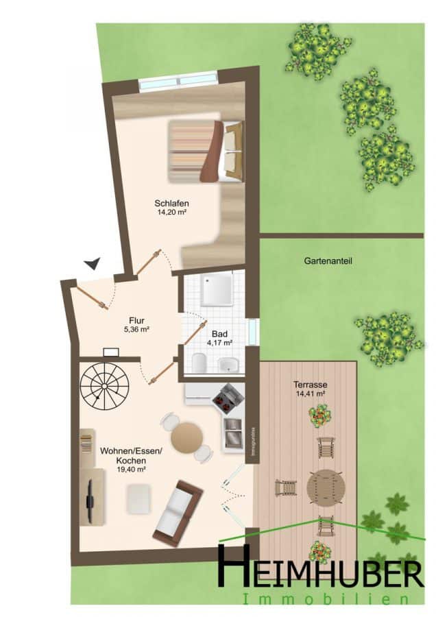Sonnige Terrassenwohnung mit Garten & Hobbyraum in einem Niedrigenergiehaus (14,3 kWh) zu vermieten - Grundriss
